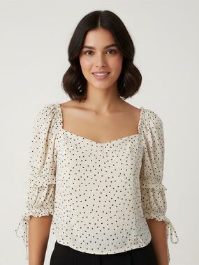 Reformation NINA top Cream Polka Dot sweetheart neck line Puff Sleeve Top